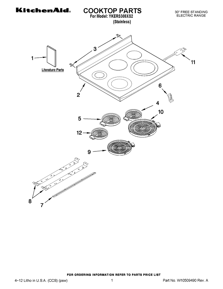 COOKTOP PARTS Diagram and Parts List for YKERS308XS2  KitchenAid Range