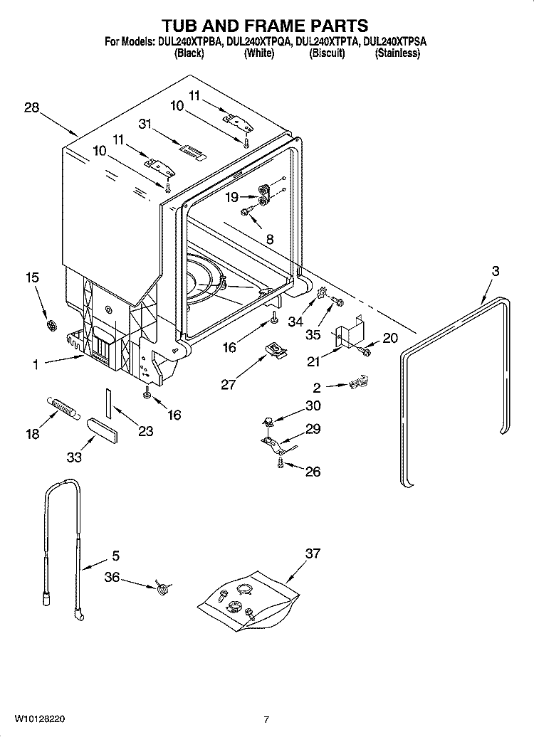 TUB AND FRAME PARTS Diagram and Parts List for DUL240XTPTA  Whirlpool Dishwasher