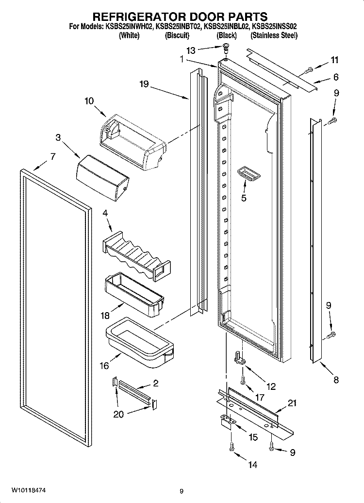 REFRIGERATOR DOOR PARTS Diagram and Parts List for KSBS25INBL02  KitchenAid Refrigerator