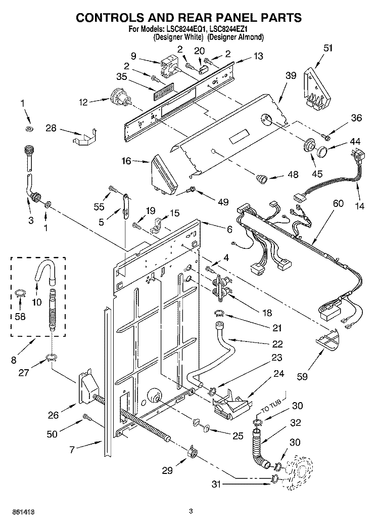 CONTROLS AND REAR PANEL Diagram and Parts List for LSC8244EZ1  Whirlpool Washer