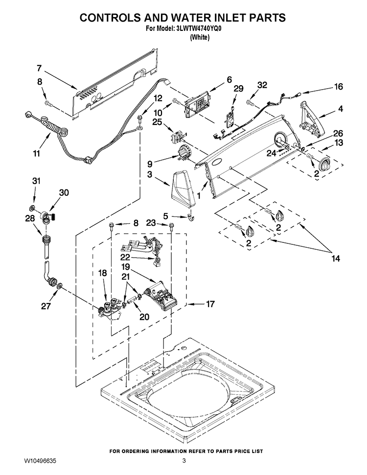 CONTROLS AND WATER INLET PARTS Diagram and Parts List for 3LWTW4740YQ0  Whirlpool Washer