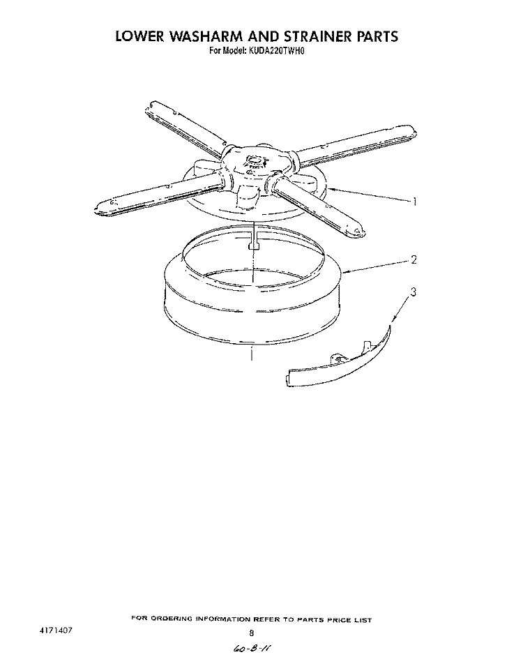 LOWER WASHARM AND STRAINER Diagram and Parts List for KUDA220TWH0  KitchenAid Dishwasher