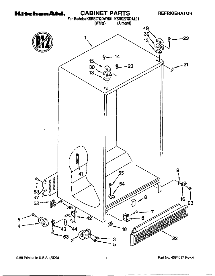 CABINET Diagram and Parts List for KSRS27QDAL01  KitchenAid Refrigerator