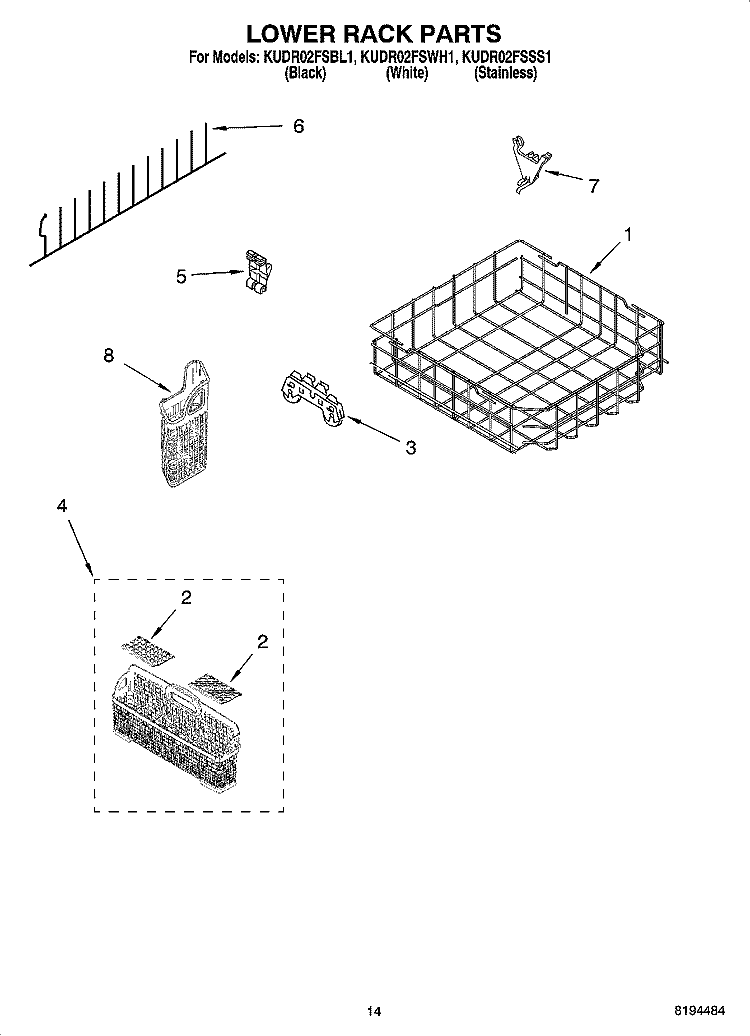 LOWER RACK PARTS, OPTIONAL PARTS (NOT INCLUDED) Diagram and Parts List for KUDR02FSSS1  KitchenAid Dishwasher
