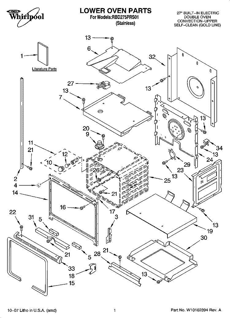LOWER OVEN PARTS Diagram and Parts List for RBD275PRS01  Whirlpool Wall Oven