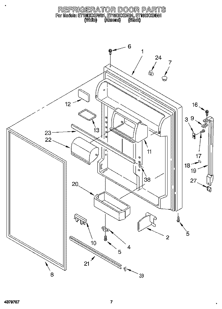 REFRIGERATOR DOOR Diagram and Parts List for ET19DKXDB01  Whirlpool Refrigerator