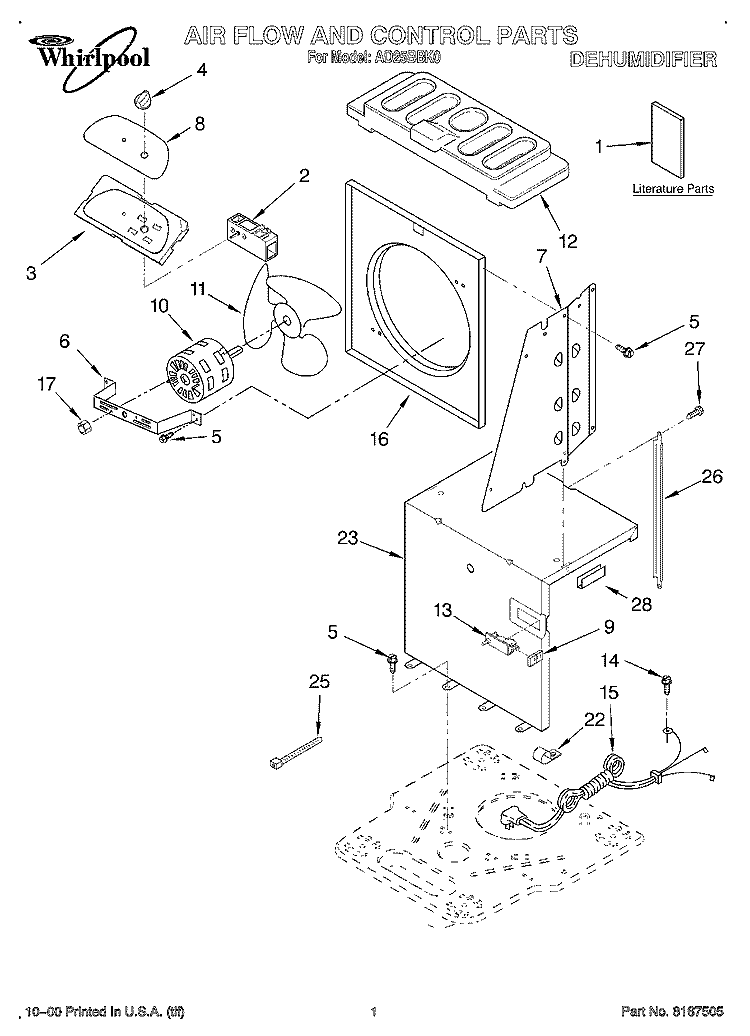 SECTION Diagram and Parts List for AD25BBK0  Whirlpool Dehumidifier