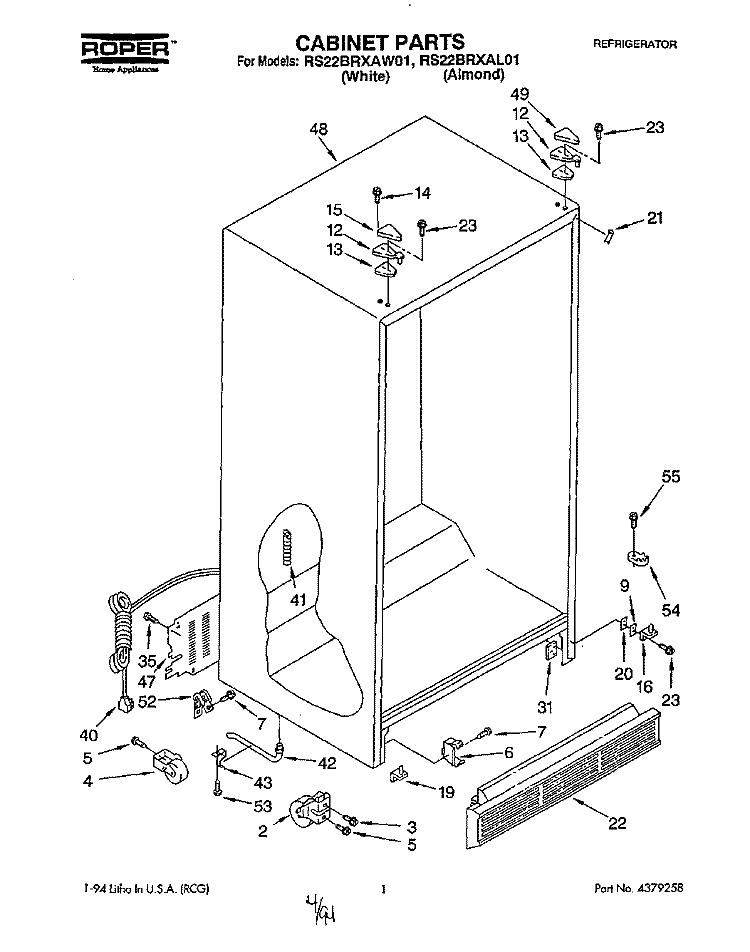 CABINET Diagram and Parts List for RS22BRXAL01  Roper Refrigerator