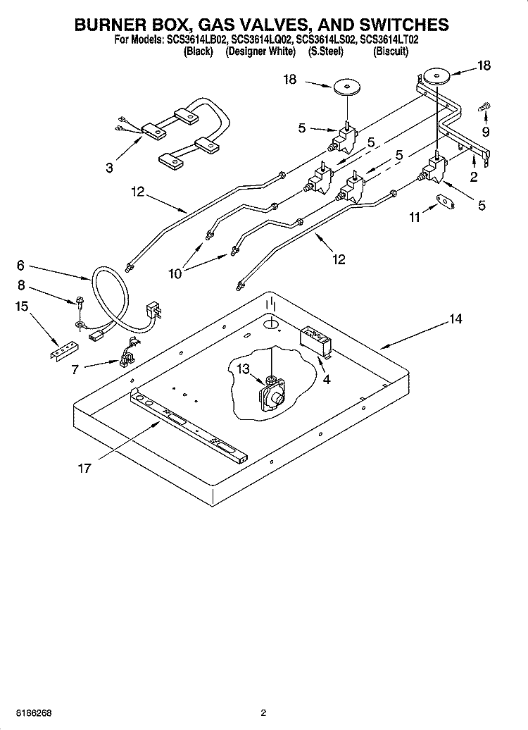 BURNER BOX, GAS VALVES, AND SWITCHES Diagram and Parts List for SCS3614LB02  Whirlpool Cooktop