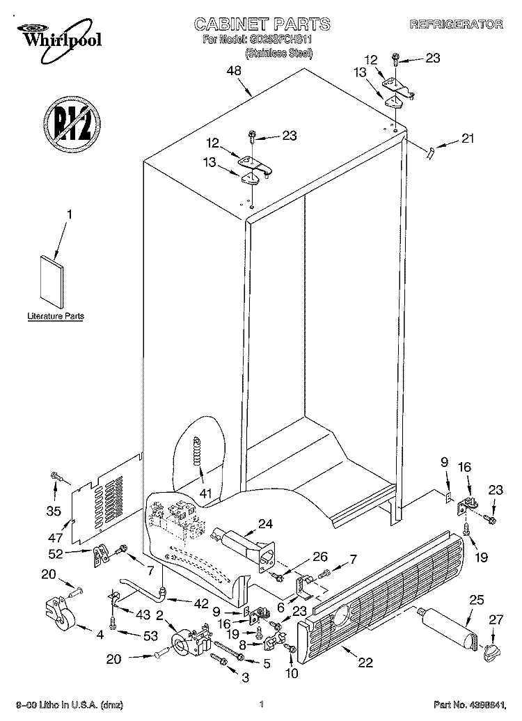 CABINET, LITERATURE Diagram and Parts List for GD25SFCHS11  Whirlpool Refrigerator