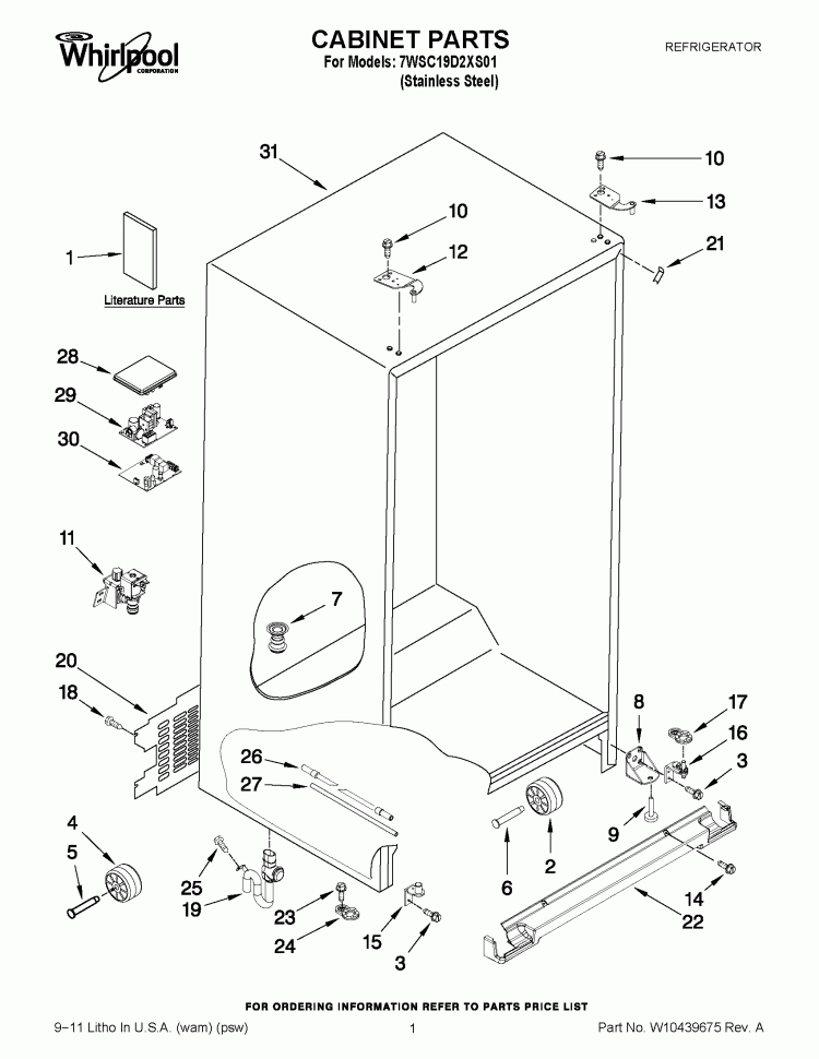 CABINET PARTS Diagram and Parts List for 7WSC19D2XS01  Whirlpool Refrigerator