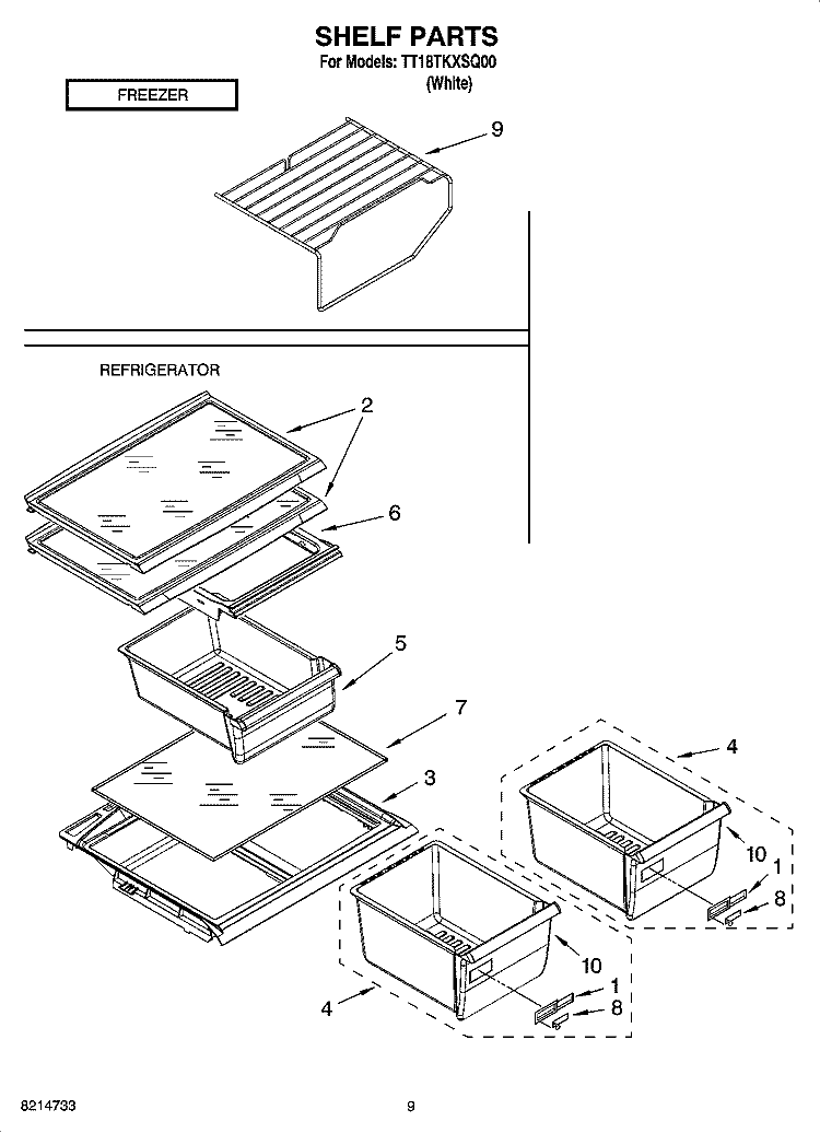 SHELF PARTS, OPTIONAL PARTS Diagram and Parts List for TT18TKXSQ00  Estate Refrigerator