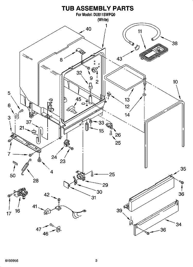 TUB ASSEMBLY PARTS Diagram and Parts List for DU811SWPQ0  Whirlpool Dishwasher