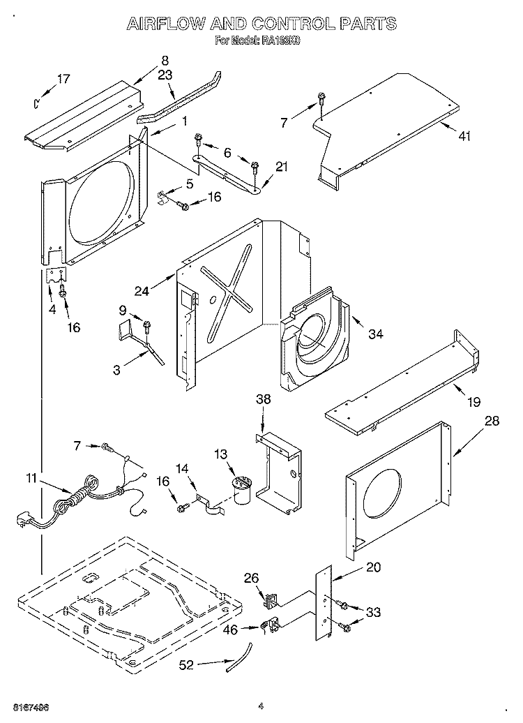 AIRFLOW AND CONTROL Diagram and Parts List for RA183K0  Whirlpool Air Conditioner