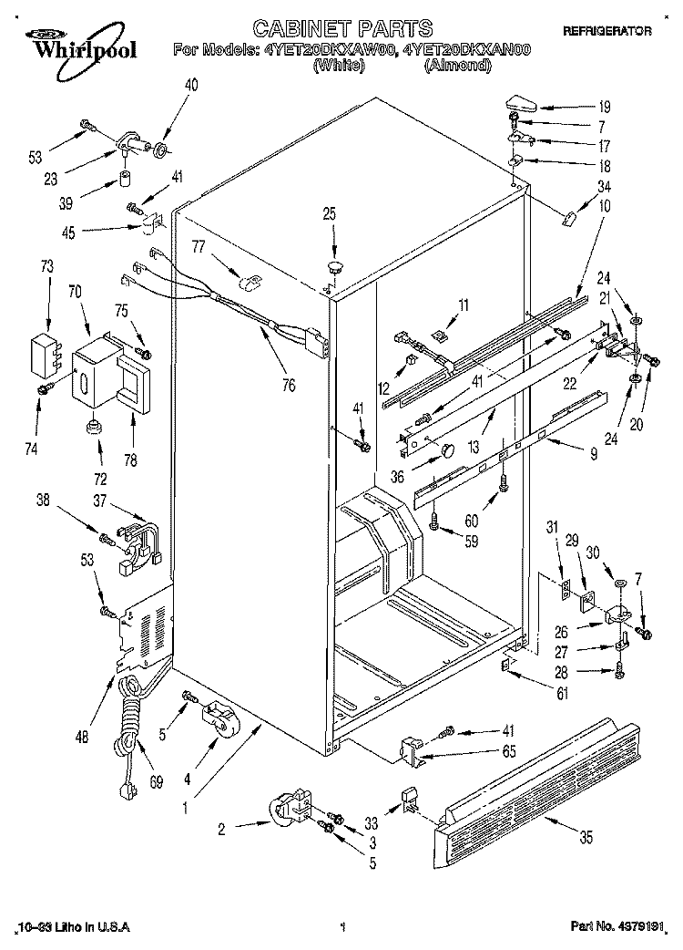CABINET Diagram and Parts List for 4YET20DKAW00  Whirlpool Refrigerator