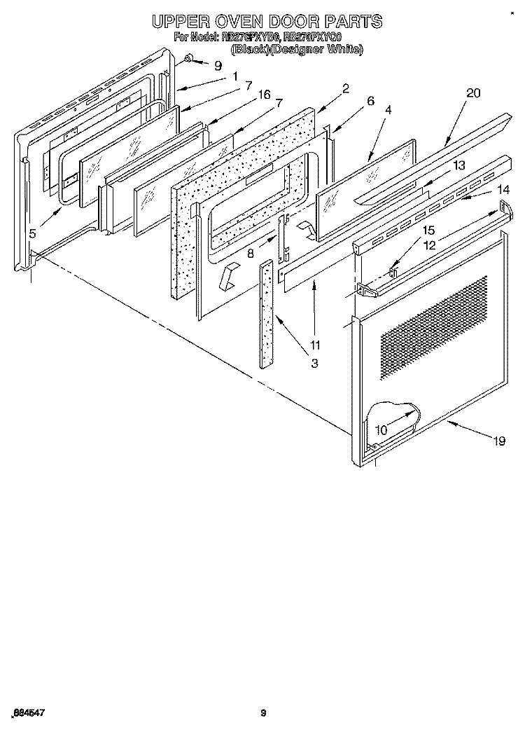 UPPER OVEN DOOR Diagram and Parts List for RB270PXYB0  Whirlpool Wall Oven