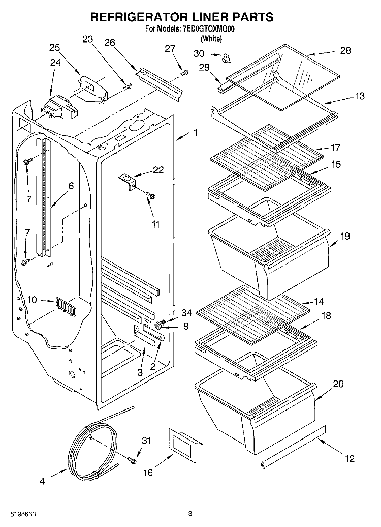 REFRIGERATOR LINER PARTS Diagram and Parts List for 7ED0GTQXMQ00  Whirlpool Refrigerator