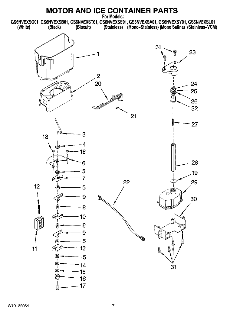 MOTOR AND ICE CONTAINER PARTS Diagram and Parts List for GS6NVEXSB01  Whirlpool Refrigerator