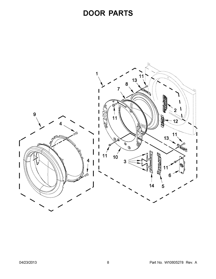 DOOR PARTS Diagram and Parts List for WGD70HEBW0  Whirlpool Dryer