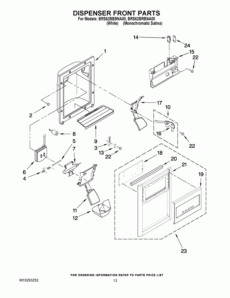 DISPENSER FRONT PARTS Diagram and Parts List for BRS62BBBNA00  Whirlpool Refrigerator