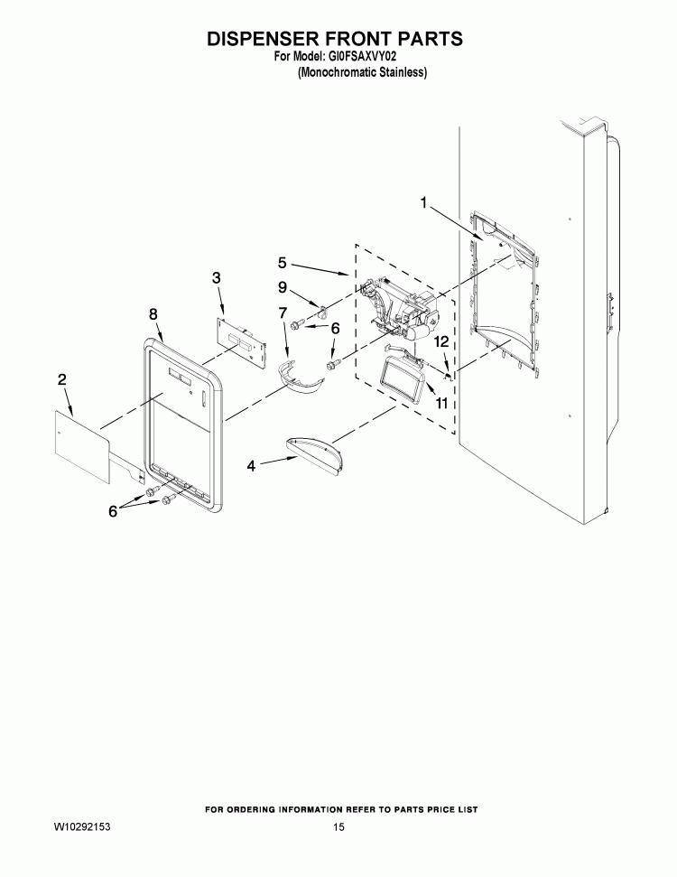 DISPENSER FRONT PARTS Diagram and Parts List for GI0FSAXVY02  Whirlpool Refrigerator
