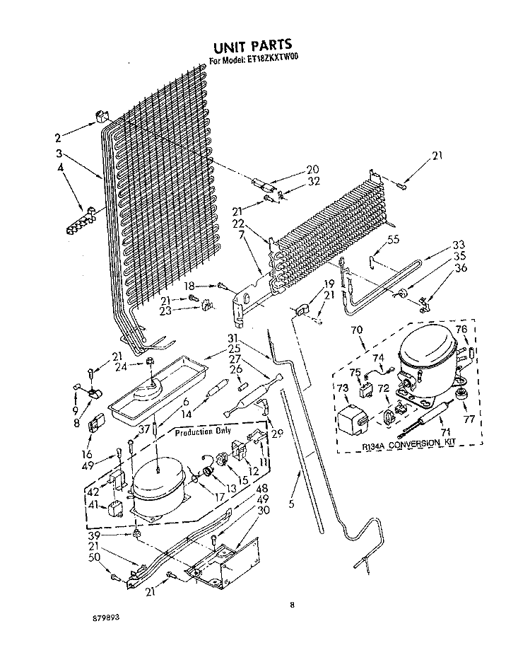 UNIT Diagram and Parts List for ET18ZKXTN00  Whirlpool Refrigerator