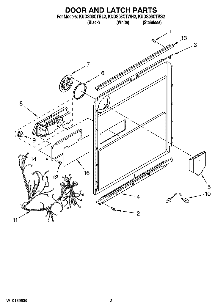 DOOR AND LATCH PARTS Diagram and Parts List for KUDS03CTWH2  KitchenAid Dishwasher