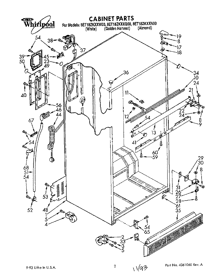 CABINET Diagram and Parts List for 8ET18ZKXXG00  Whirlpool Refrigerator