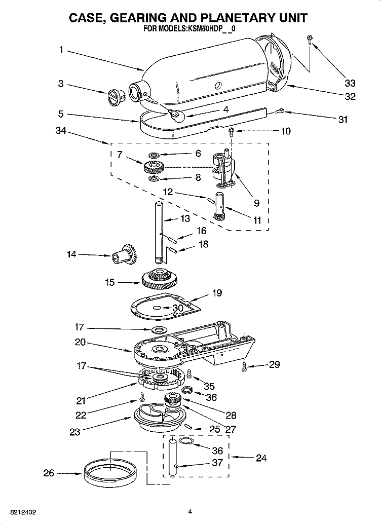 CASE, GEARING AND PLANETARY UNIT Diagram and Parts List for KSM50HDPBK0  KitchenAid Mixer