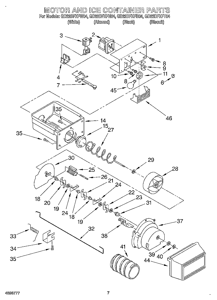 MOTOR AND ICE CONTAINER Diagram and Parts List for GD22DFXFB04  Whirlpool Refrigerator