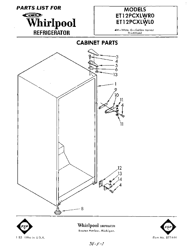 CABINET Diagram and Parts List for ET12PCXLWR0  Whirlpool Refrigerator