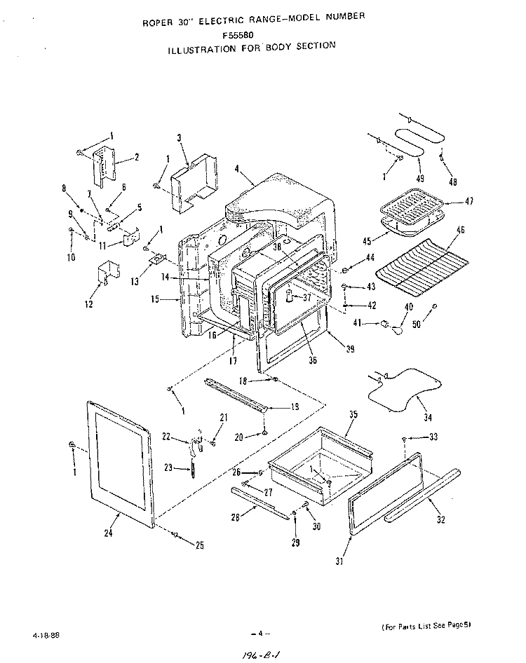 BODY Diagram and Parts List for F5558W0  Roper Range