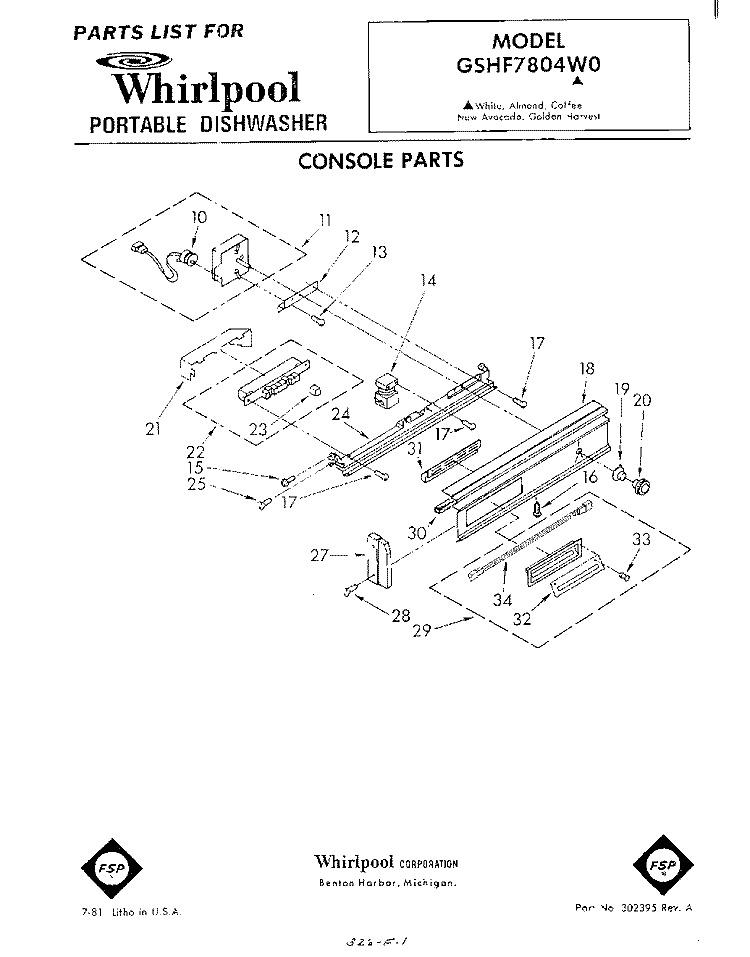 CONSOLE Diagram and Parts List for GSHF7804W0  Whirlpool Dishwasher