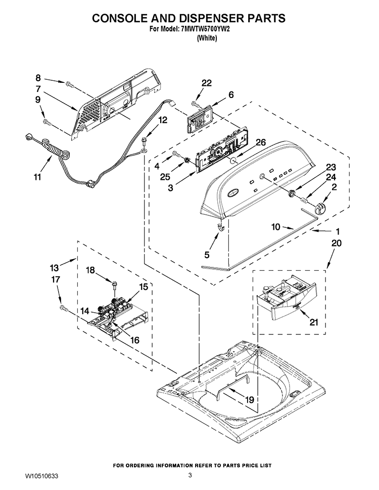 CONSOLE AND WATER INLET PARTS Diagram and Parts List for 7MWTW5700YW2  Whirlpool Washer