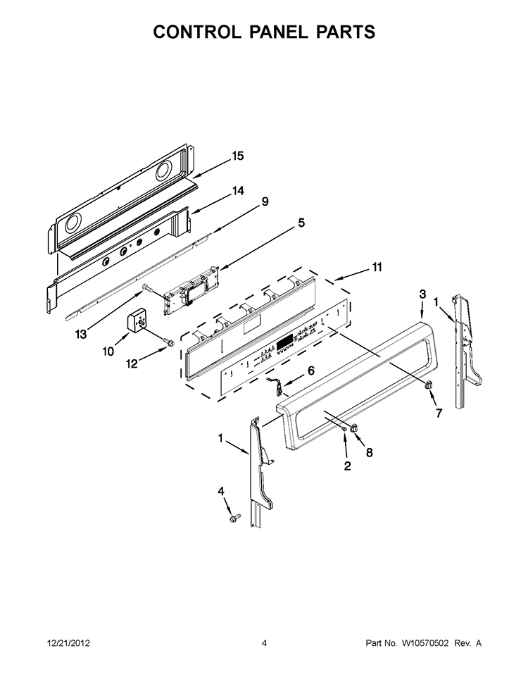 CONTROL PANEL PARTS Diagram and Parts List for GGE390LXB04  Whirlpool Range