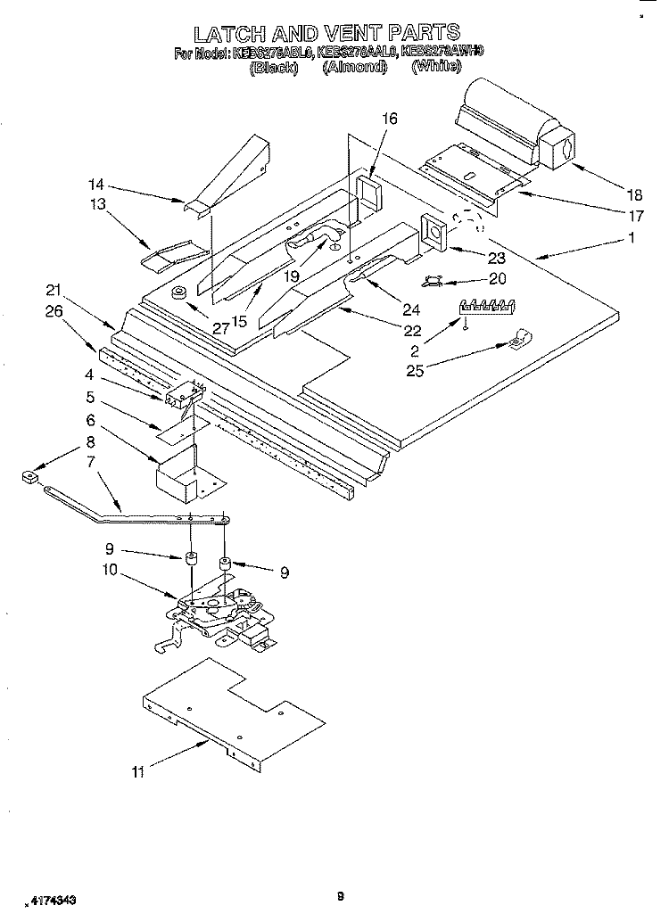 LATCH AND VENT Diagram and Parts List for KEBS278ABL0  KitchenAid Wall Oven