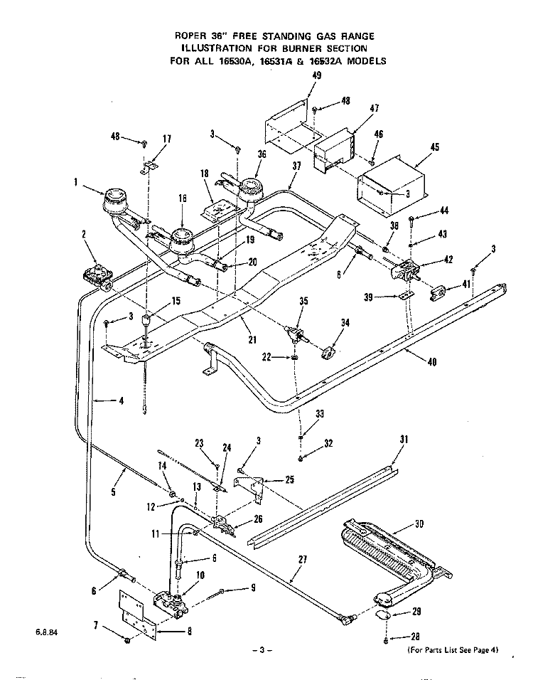 BURNER Diagram and Parts List for 1653W0A  Roper Range