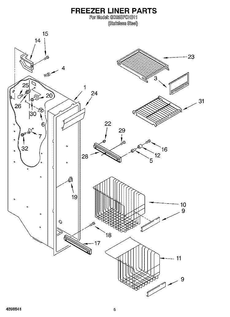 FREEZER LINER Diagram and Parts List for GD25SFCHS111  Whirlpool Refrigerator