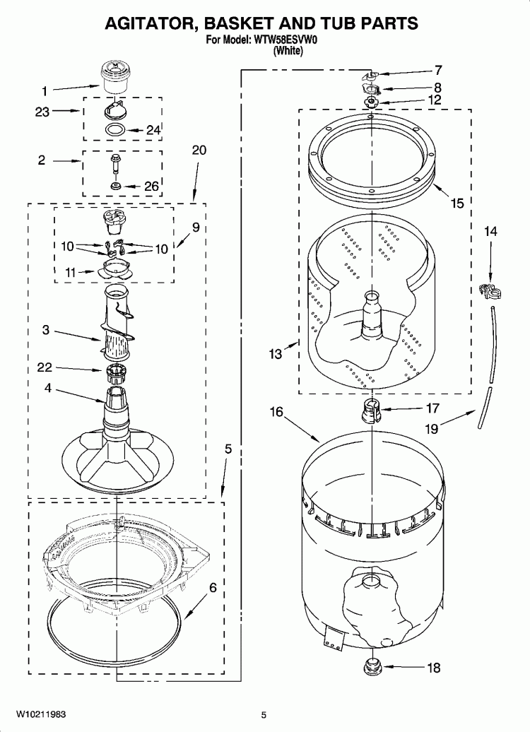 AGITATOR, BASKET AND TUB PARTS Diagram and Parts List for WTW58ESVW0  Whirlpool Washer