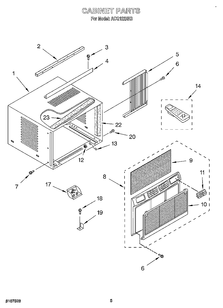 CABINET Diagram and Parts List for ACQ122XK0  Whirlpool Air Conditioner