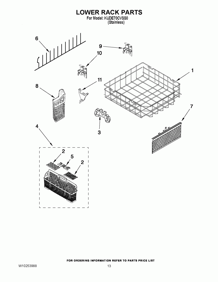 LOWER RACK PARTS Diagram and Parts List for KUDE70CVSS0  KitchenAid Dishwasher