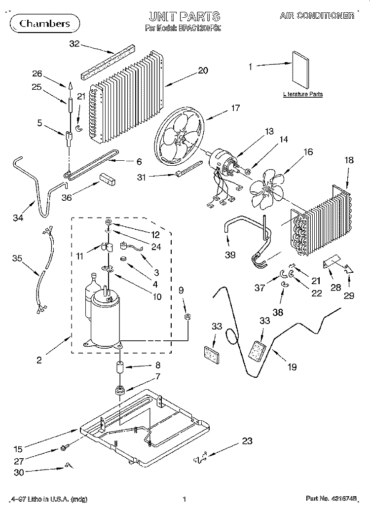 UNIT, LITERATURE Diagram and Parts List for BPAC1200FS0  Whirlpool Air Conditioner