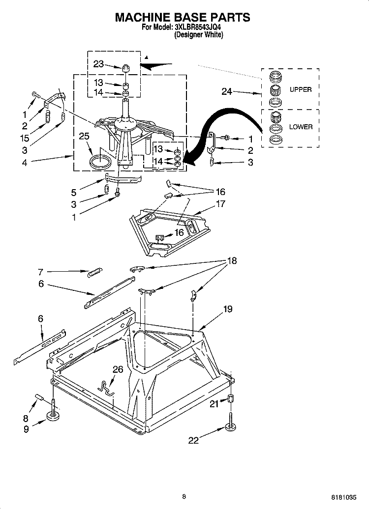 MACHINE BASE PARTS Diagram and Parts List for 3XLBR8543JQ4  Whirlpool Washer