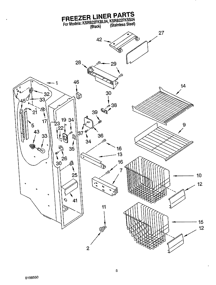 FREEZER LINER PARTS Diagram and Parts List for KSRB22FKSS04  KitchenAid Refrigerator