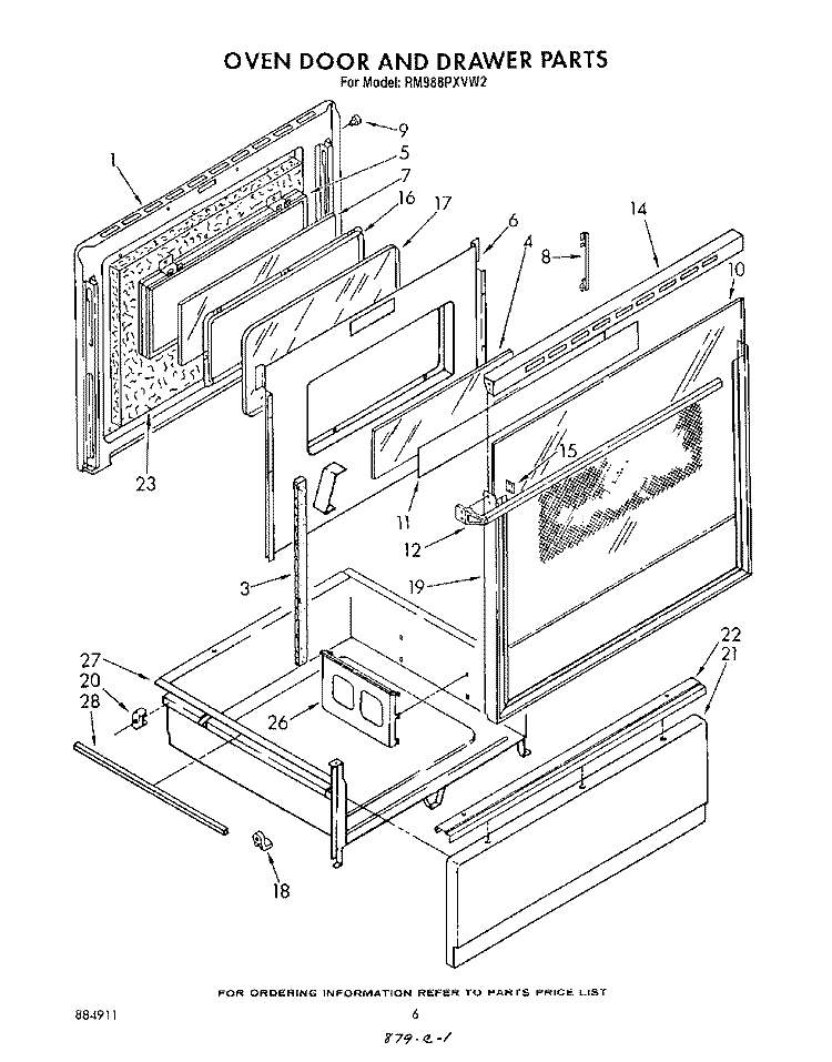 OVEN DOOR AND DRAWER Diagram and Parts List for RM988PXVN2  Whirlpool Microwave Oven Combo