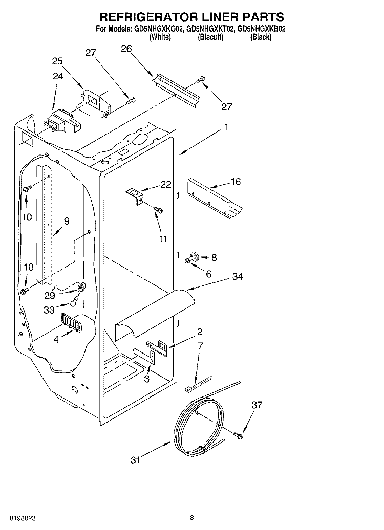 REFRIGERATOR LINER Diagram and Parts List for GD5NHGXKT02  Whirlpool Refrigerator