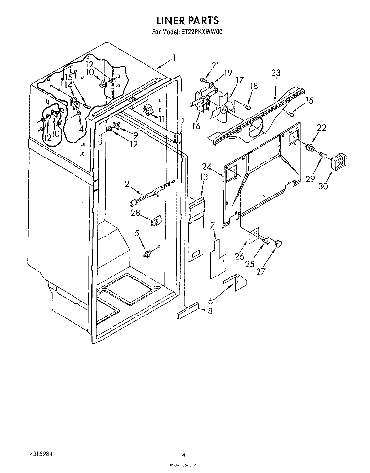 LINER Diagram and Parts List for ET22PKXWW00  Whirlpool Refrigerator