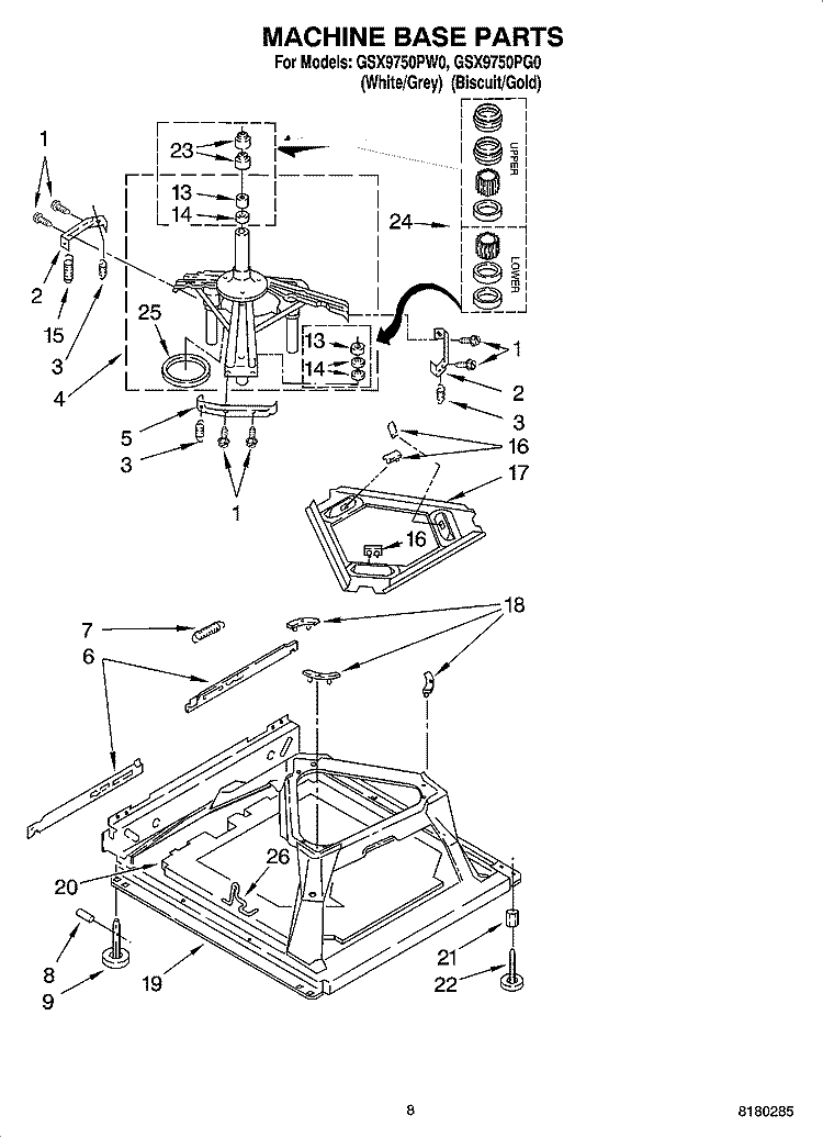 MACHINE BASE PARTS Diagram and Parts List for GSX9750PW0  Whirlpool Washer