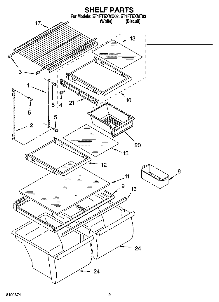 SHELF PARTS, OPTIONAL PARTS Diagram and Parts List for ET1FTEXMQ03  Whirlpool Refrigerator