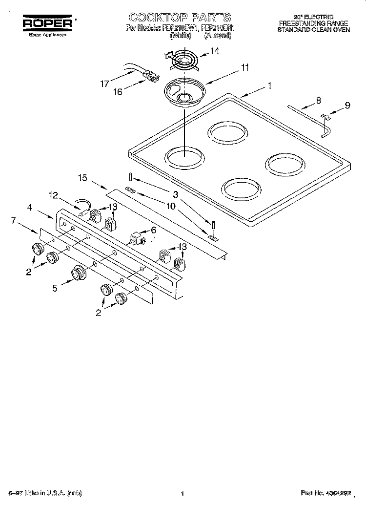 COOKTOP Diagram and Parts List for FEP210EN1  Roper Range